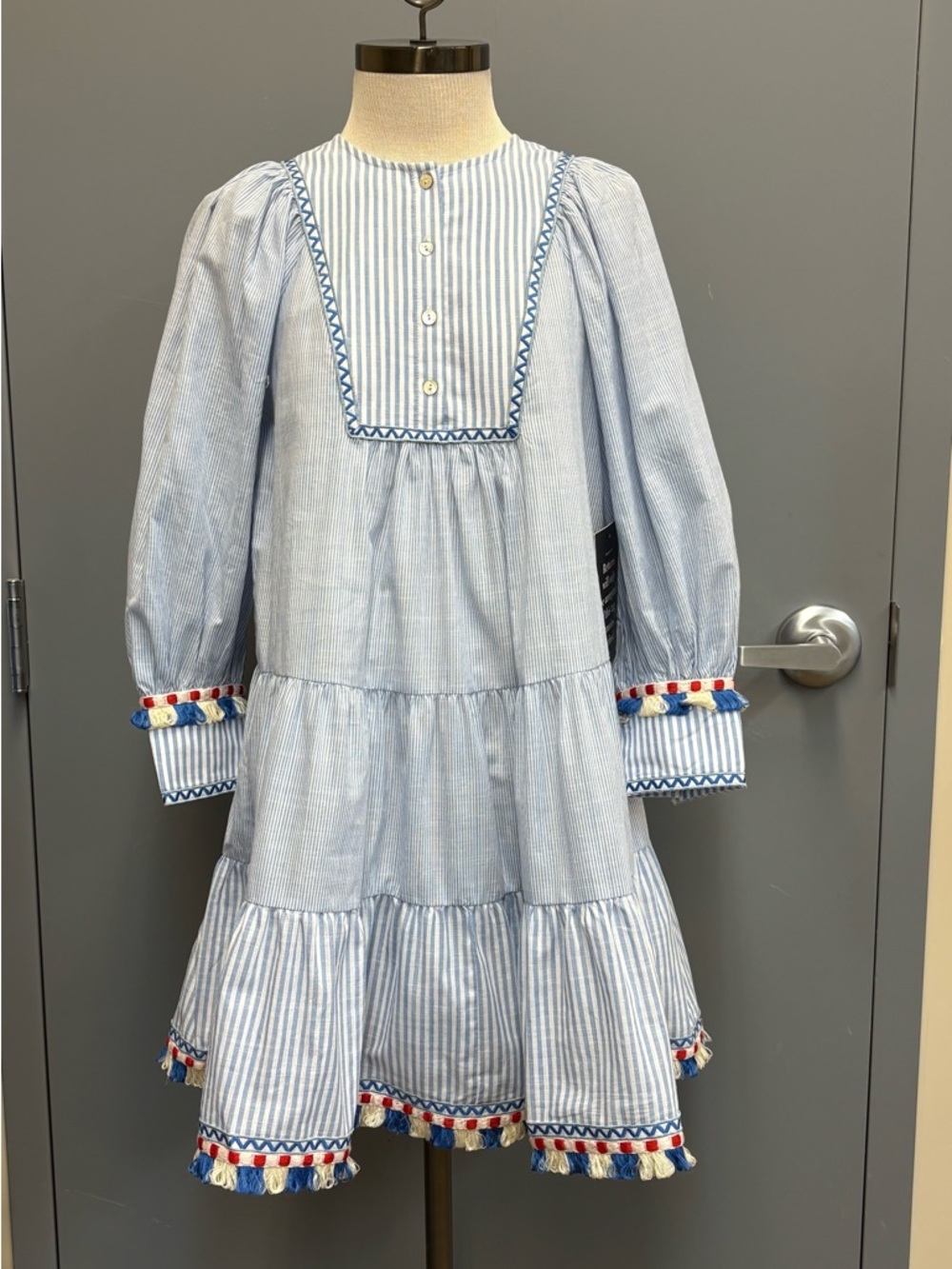Tuckernuck Jen Dress Small Blue Stripe Tassel Fringe NWT Tiered Cotton